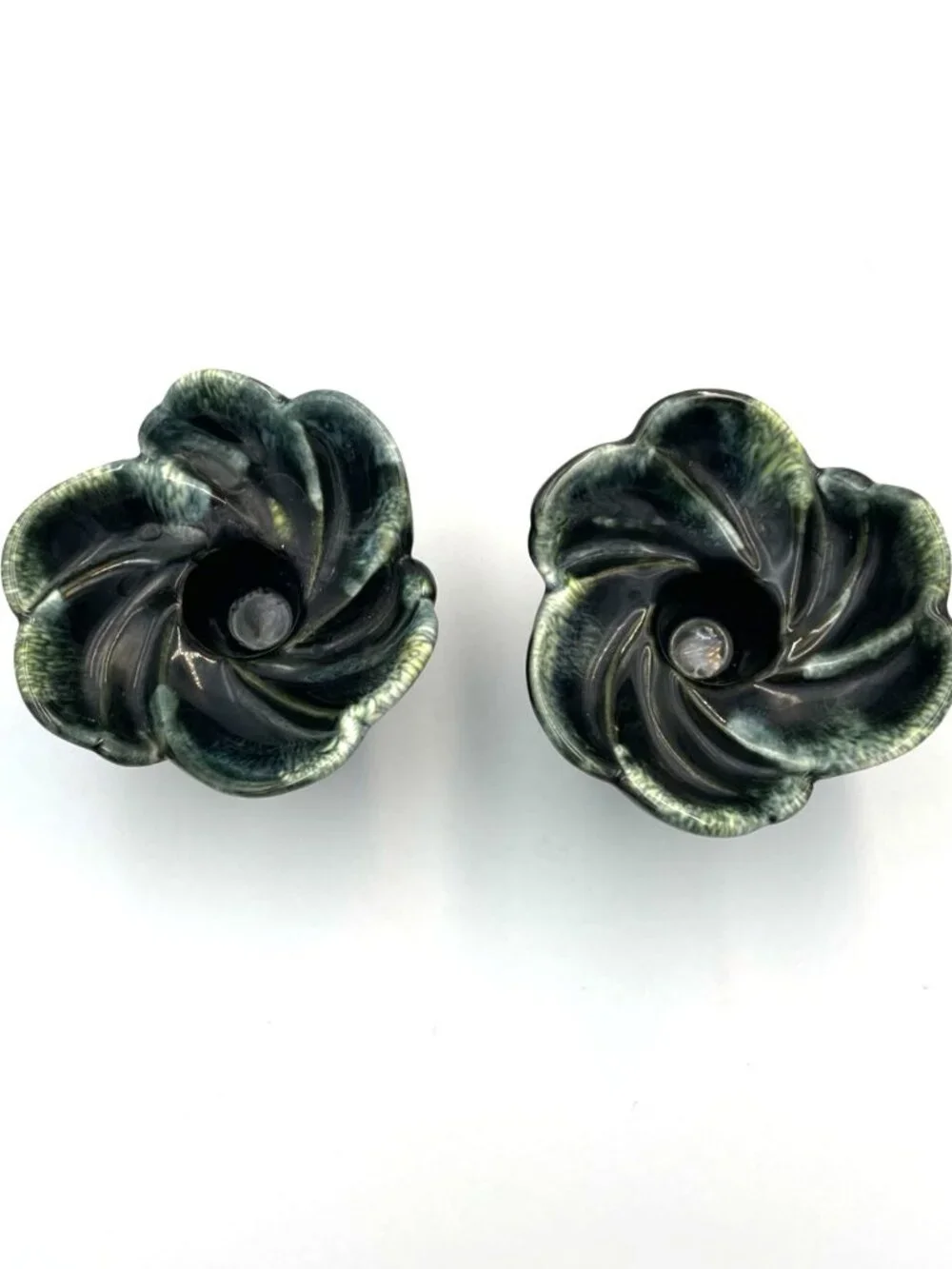 Ceramic Pottery Candle‎ Stick Holders Leaf Flower Swirl Design MCM Vintage
